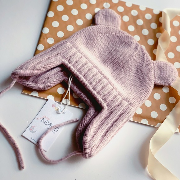 Warm winter knit hat for baby girls 100% MERINO WOOL. Size 9-12m (46-48 cm) Pink